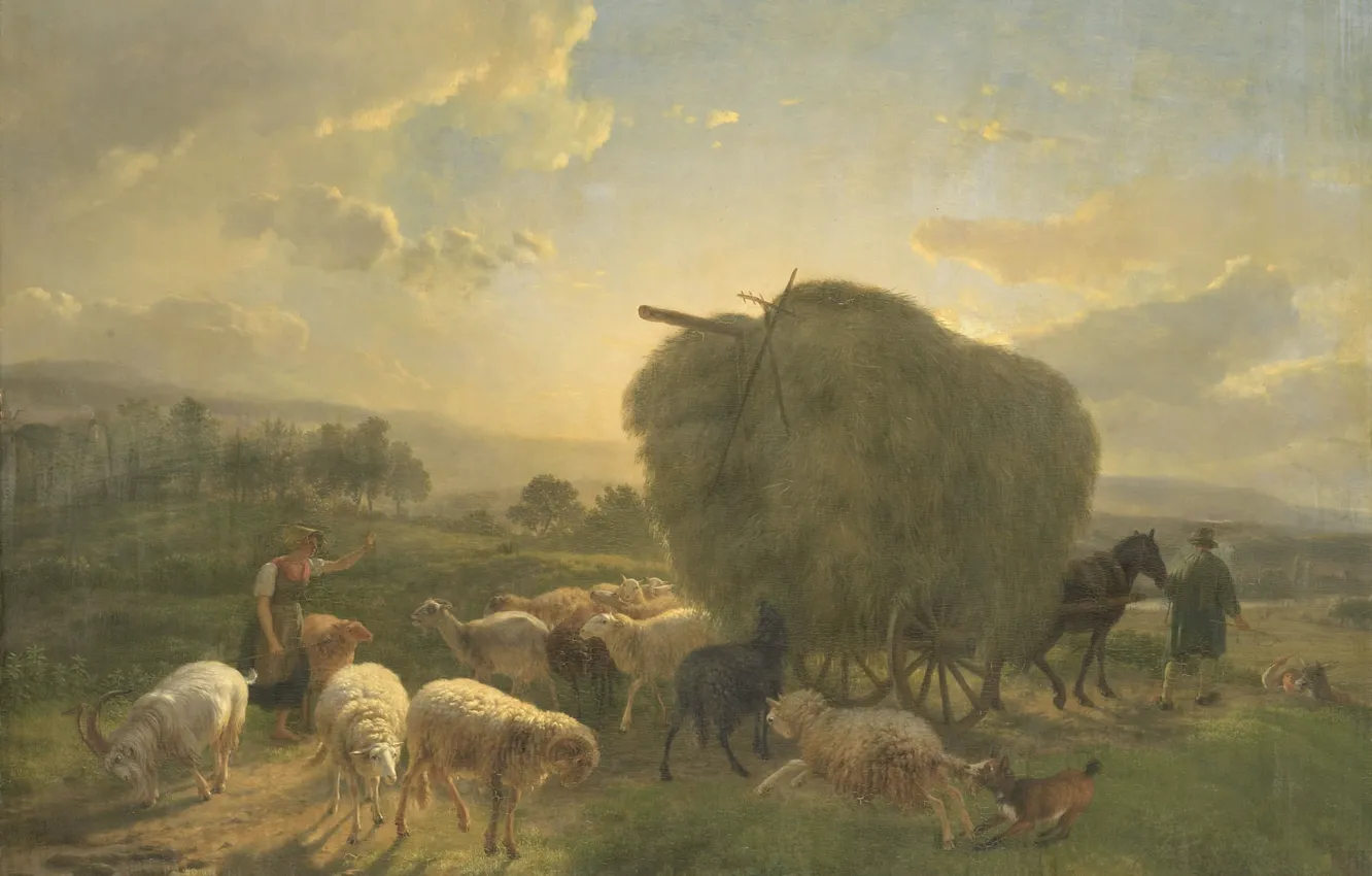 Photo wallpaper oil, picture, 1824, Landscape with Sheep and Hay, Balthazar Paul Ommeganck, Balthasar Paul Ommeganck