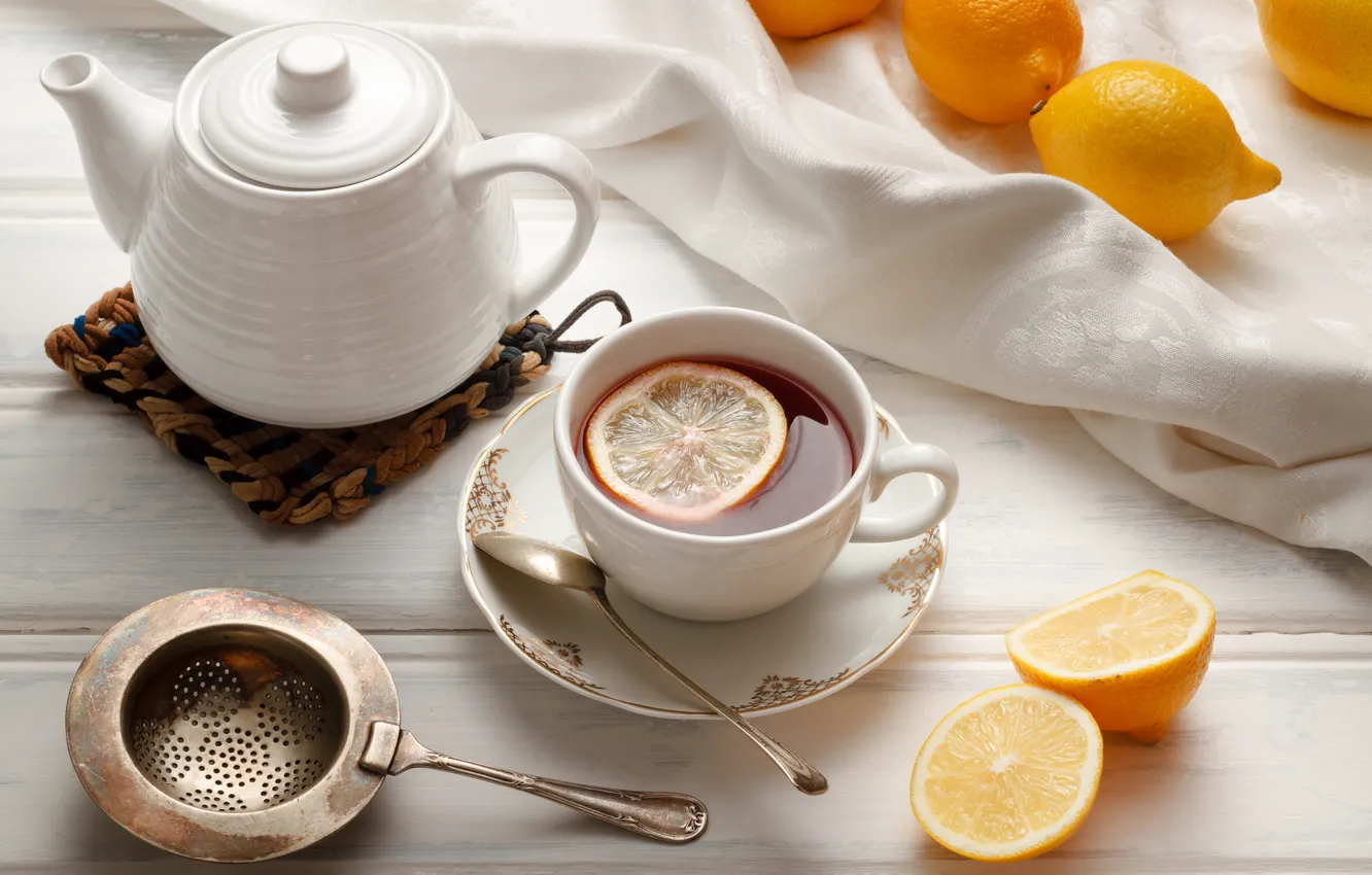 Photo wallpaper tea, kettle, Cup, dishes, citrus, lemons, strainer