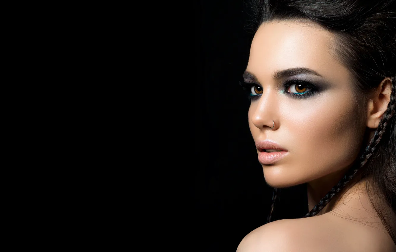 Photo wallpaper girl, background, black, portrait, makeup, hairstyle, girl, woman