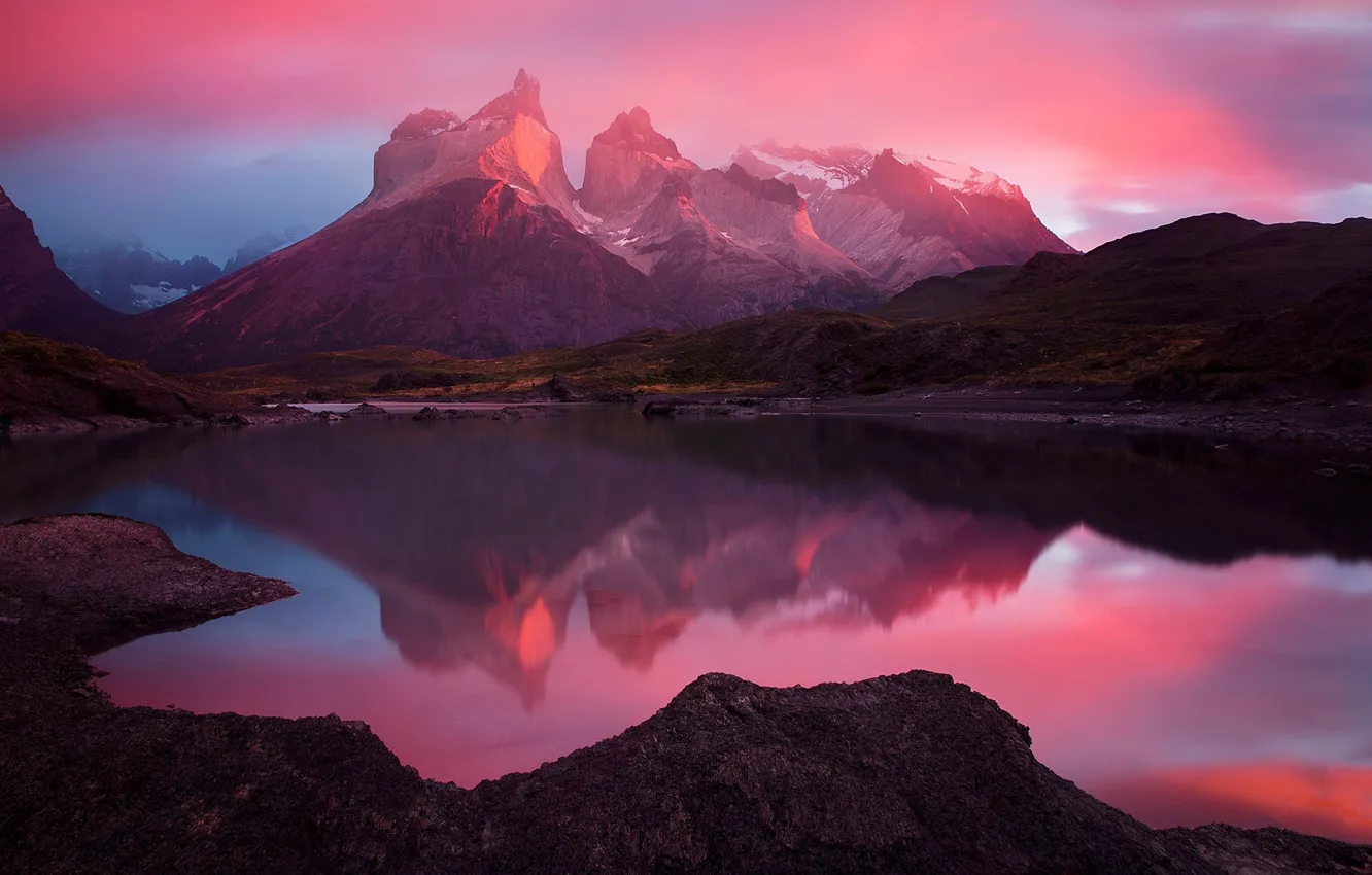 Photo wallpaper light, mountains, Chile, pink haze