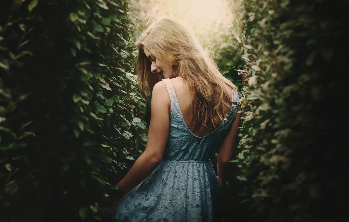 Photo wallpaper girl, smile, back, dress, blonde, leaves, smiling