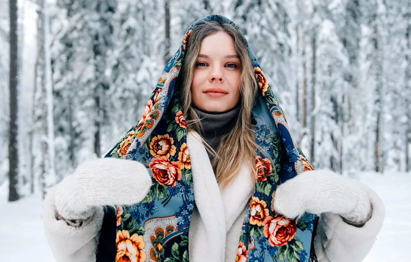 Photo wallpaper winter, frost, forest, look, girl, snow, flowers, nature