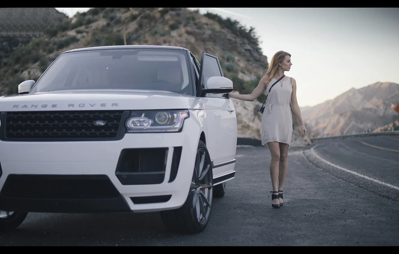 Photo wallpaper road, girl, mountains, blonde, Land Rover, white car