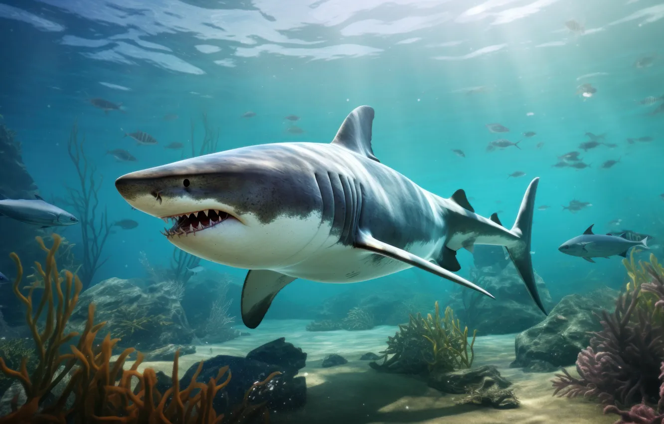 Photo wallpaper sea, water, fish, predator, shark, corals, mouth, underwater world