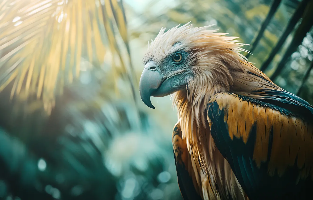 Photo wallpaper look, leaves, bird, portrait, harpies, predatory, bokeh, AI art