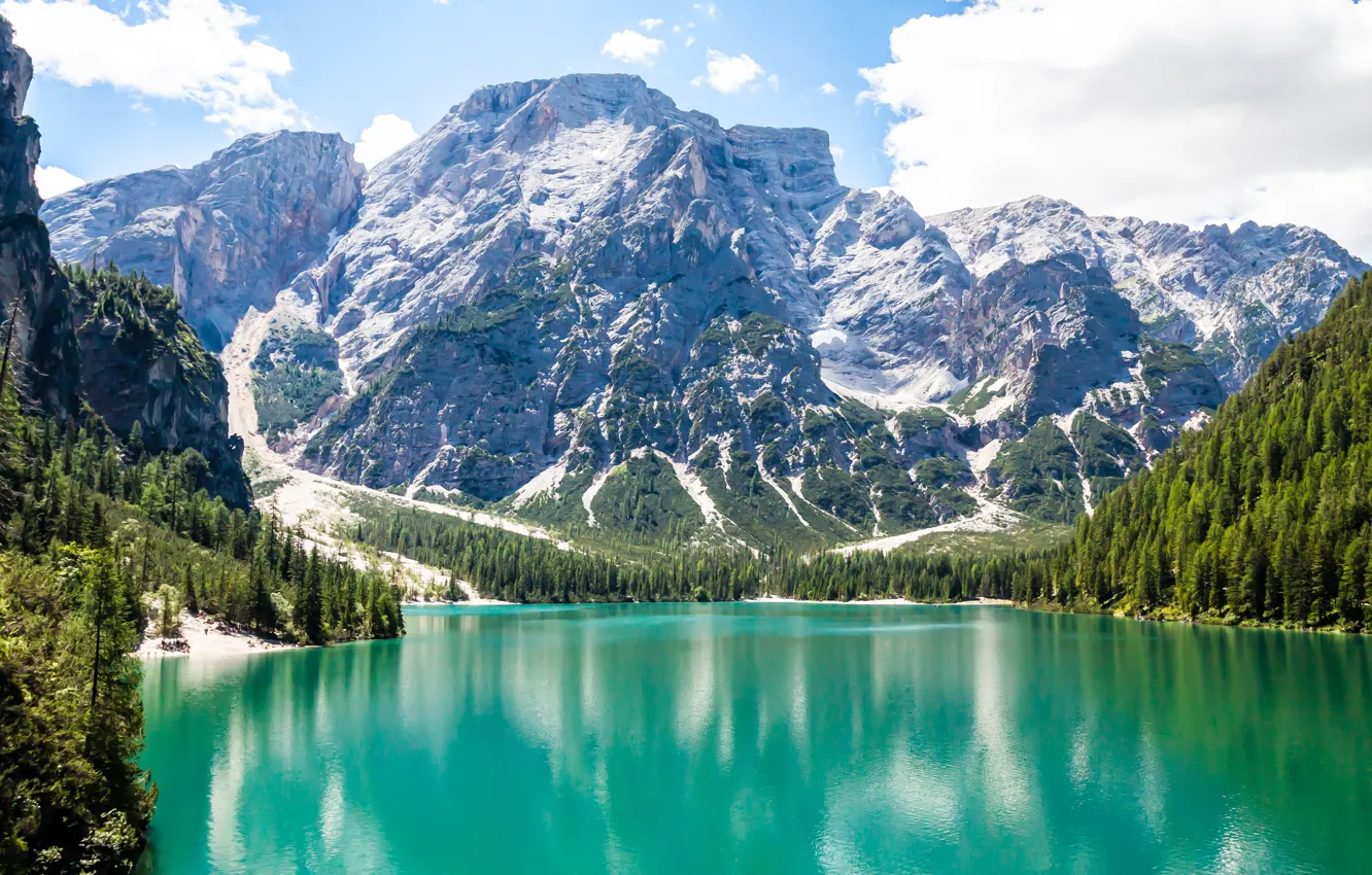 Photo wallpaper snow, landscape, mountains, lake, landscape, mountain, lake, emerald