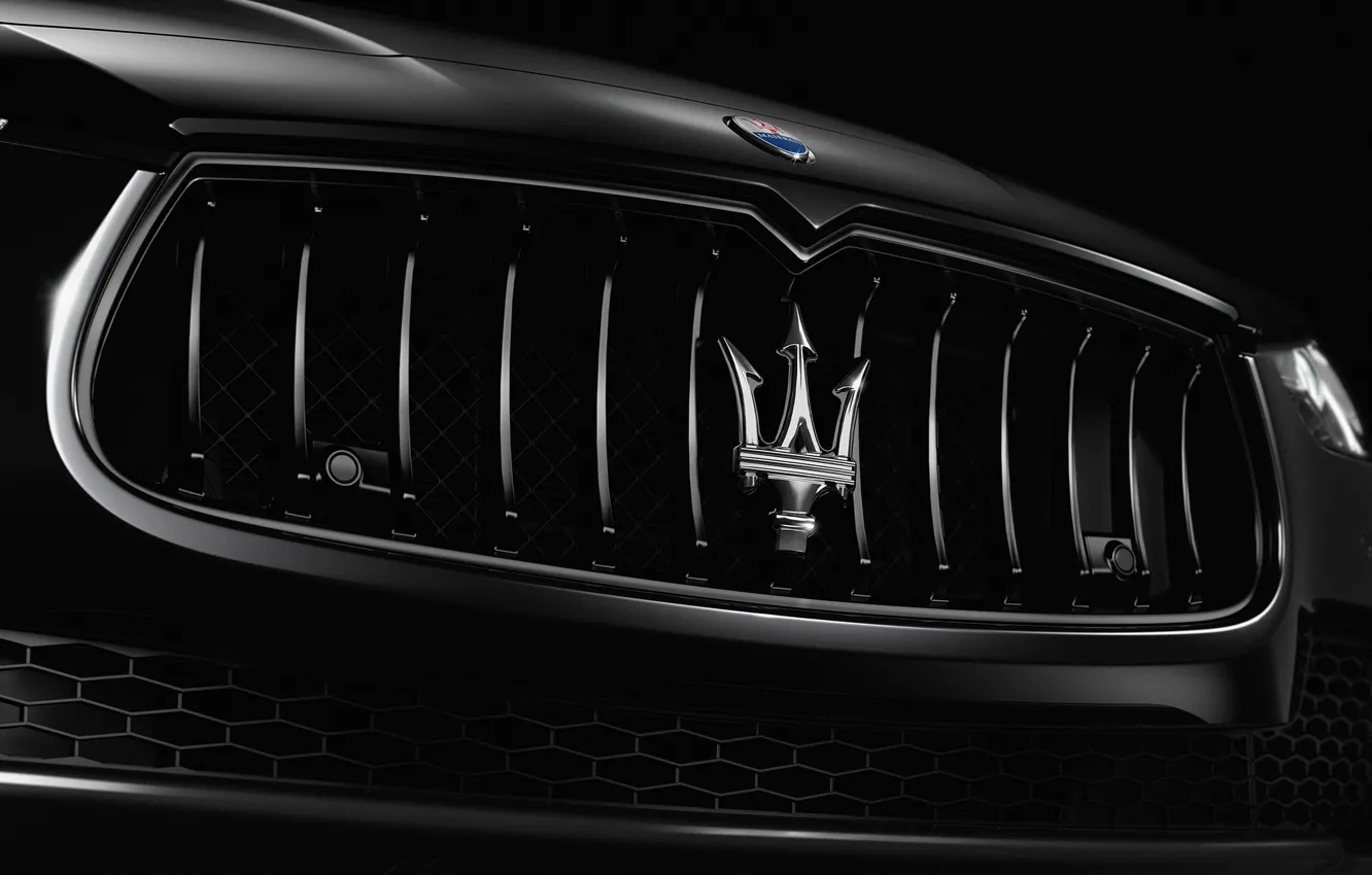 Photo wallpaper Maserati, logo, close-up, Ghibli, Maserati Ghibli Nrissimo