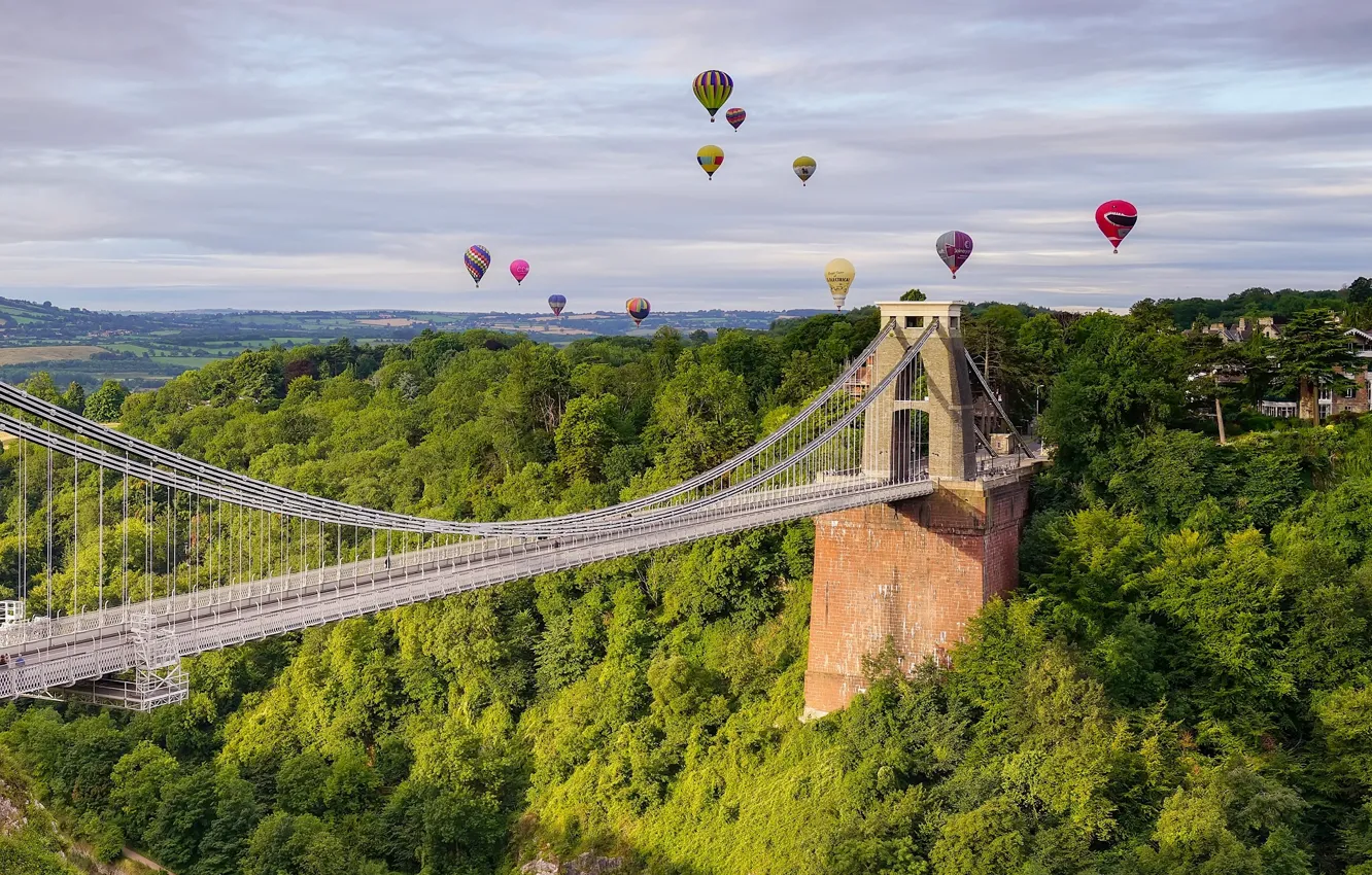 Photo wallpaper bridge, balloons, England, panorama, England, Bristol, Bristol, Avon Gorge