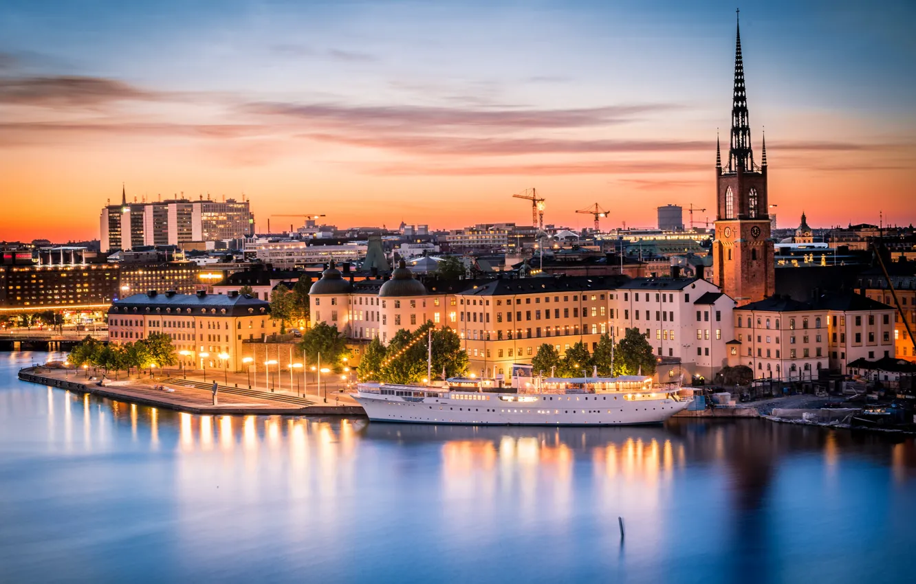 Photo wallpaper sea, the sky, lights, ship, home, Stockholm, Sweden