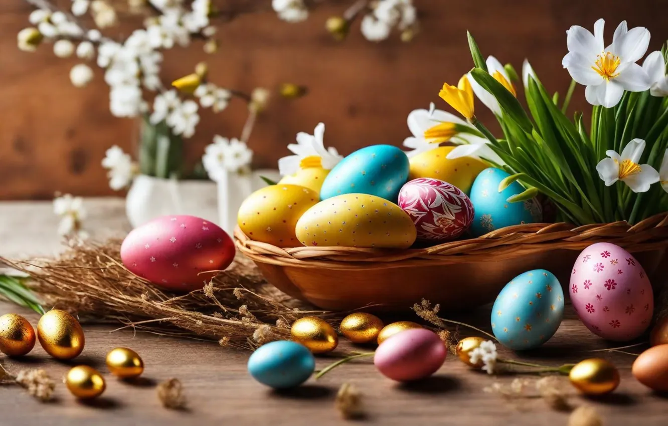 Photo wallpaper flowers, eggs, spring, colorful, Easter, happy, flowers, spring