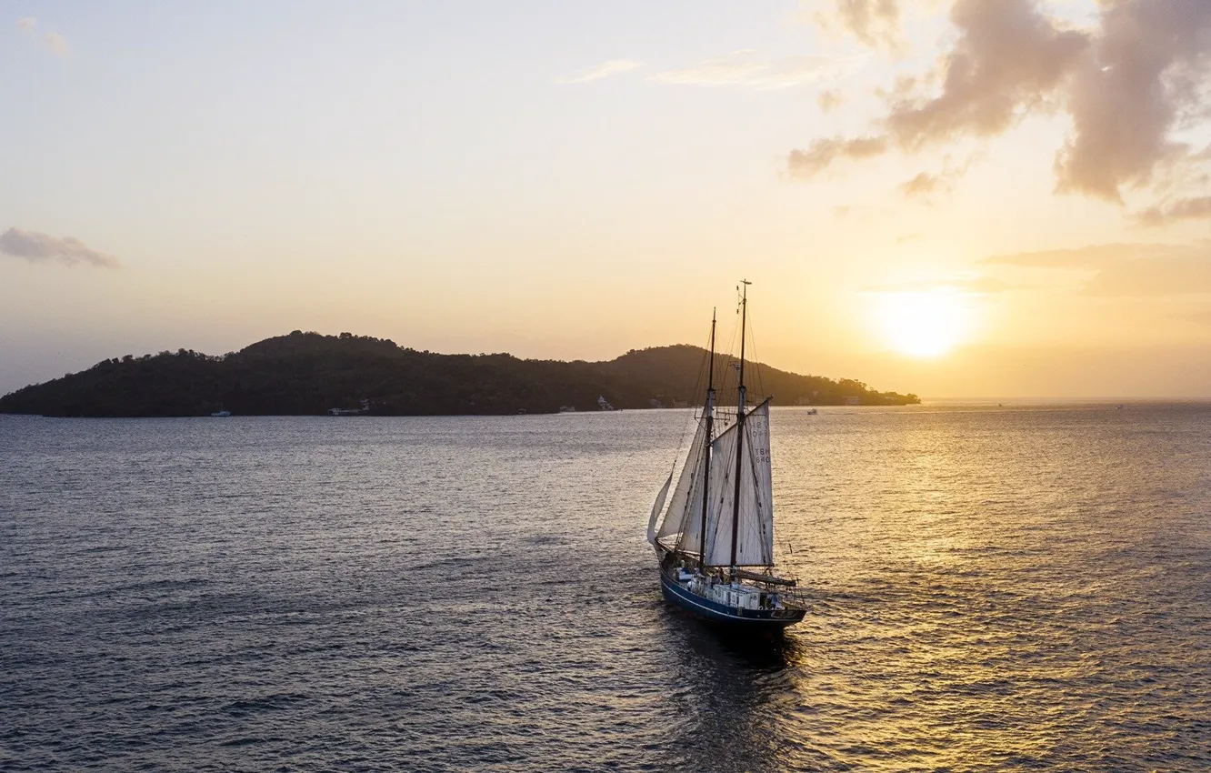 Photo wallpaper the sky, the sun, the ocean, ship, island, sailboat, morning, top