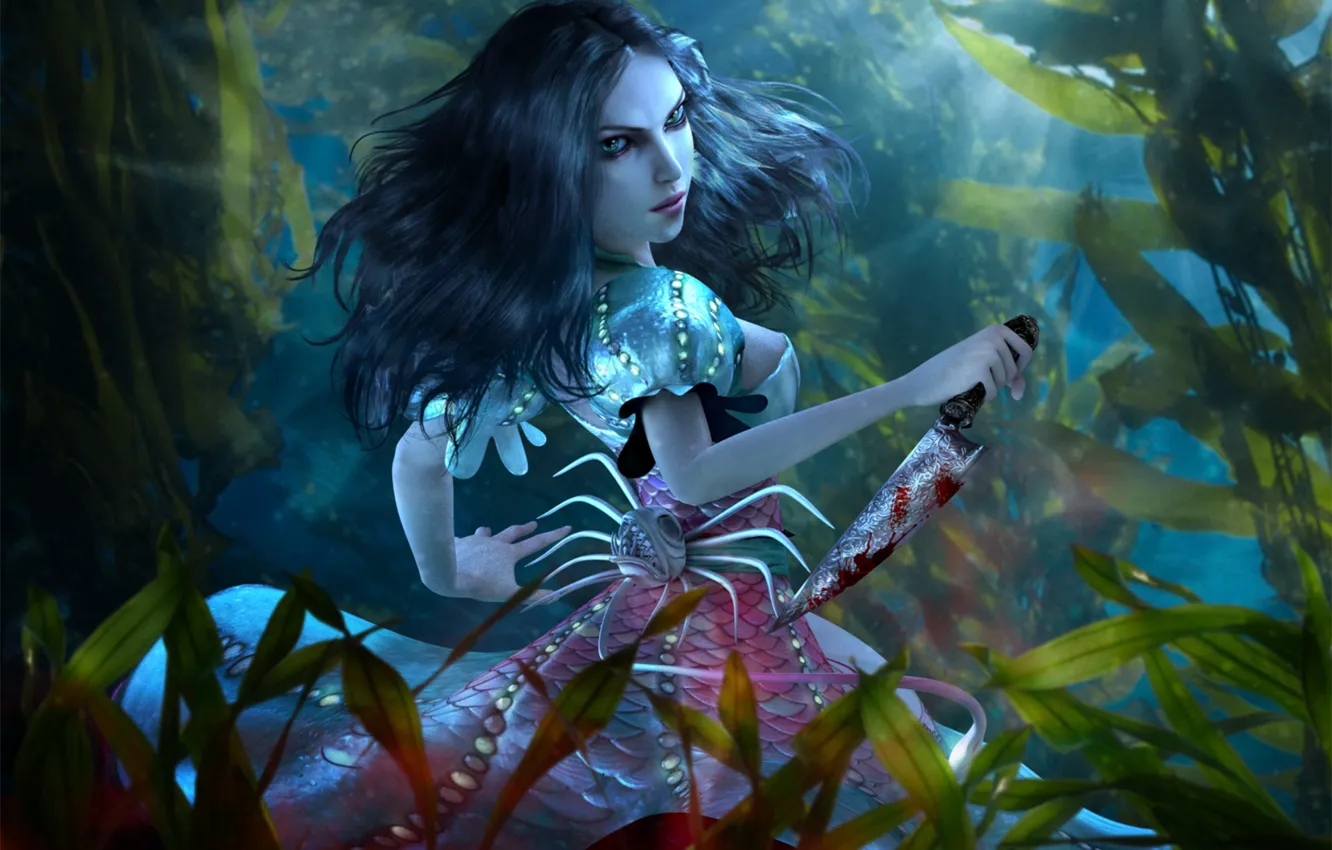 Photo wallpaper water, girl, dress, knife, under water, ocean, alice, Alice: Madness Returns