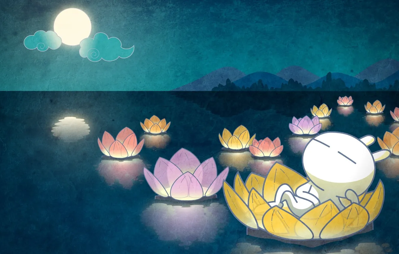 Photo wallpaper water, night, lake, sleep, anime, baby, art, Lotus