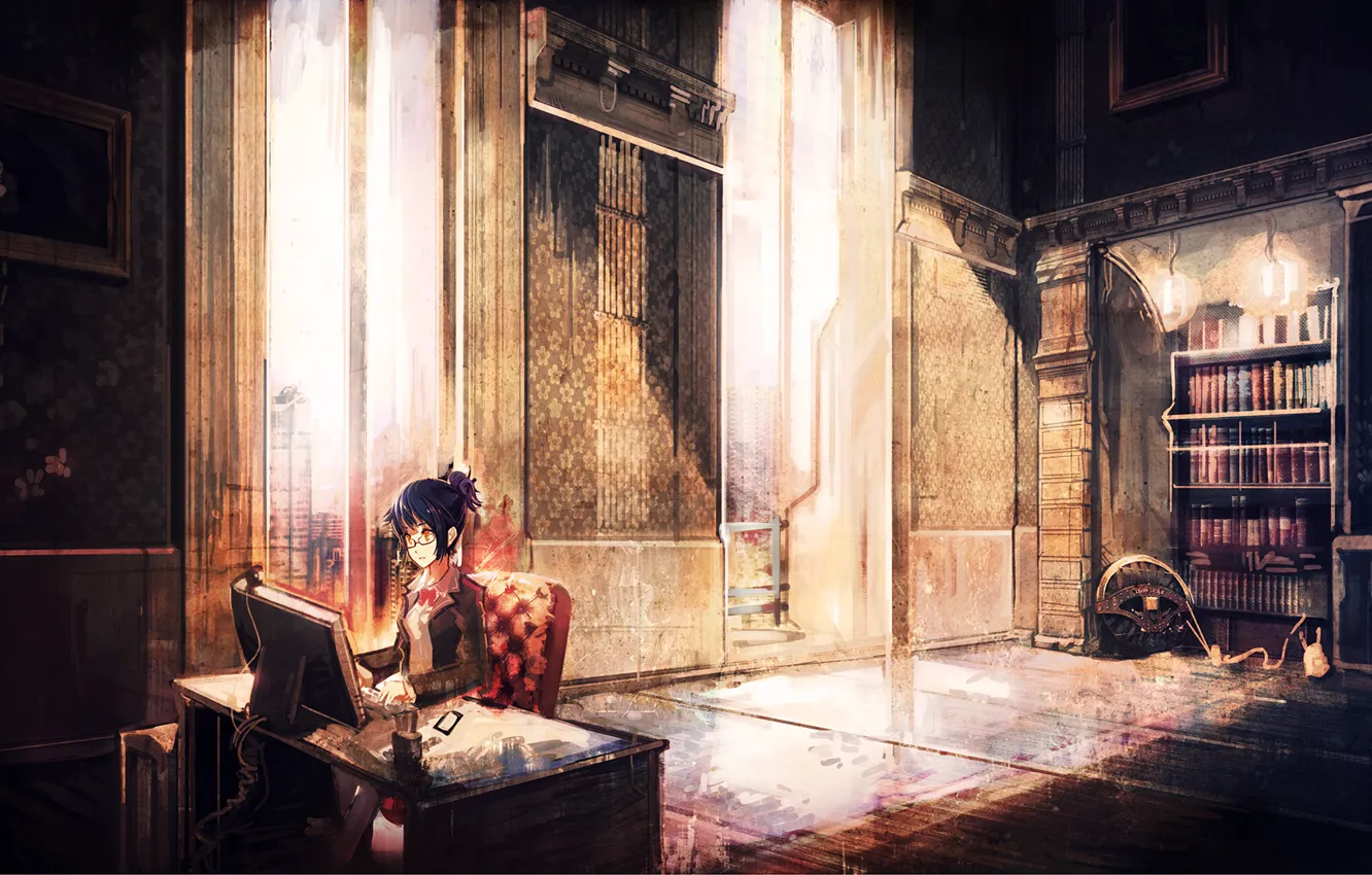 Photo wallpaper computer, girl, table, room, book, art, shelves, doomfest