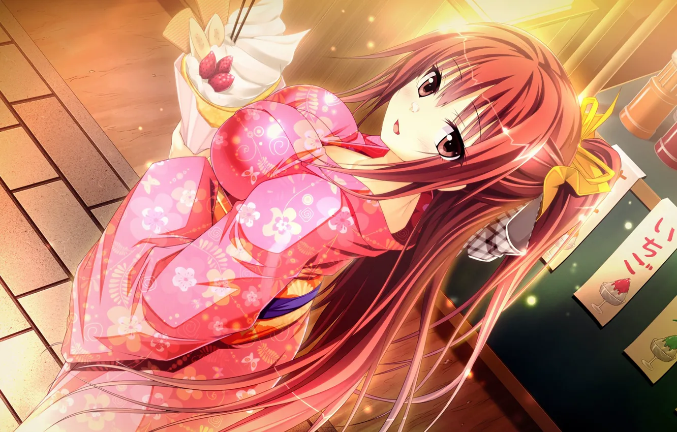 Photo wallpaper strawberry, cafe, red, kimono, bow, cream, dessert, Ecchi de Hentai!