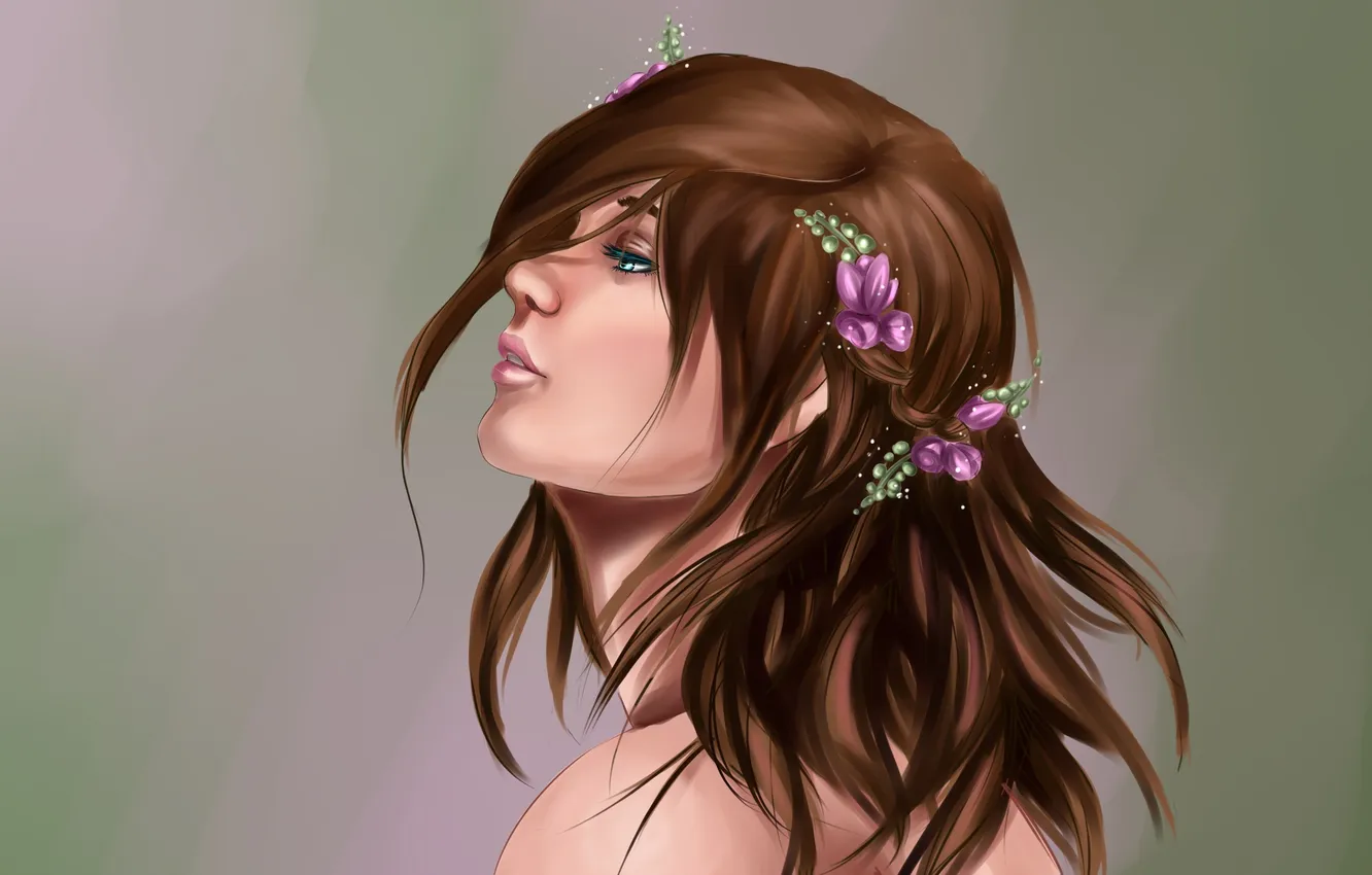 Photo wallpaper look, girl, flowers, eyelashes, background, hair, art, profile