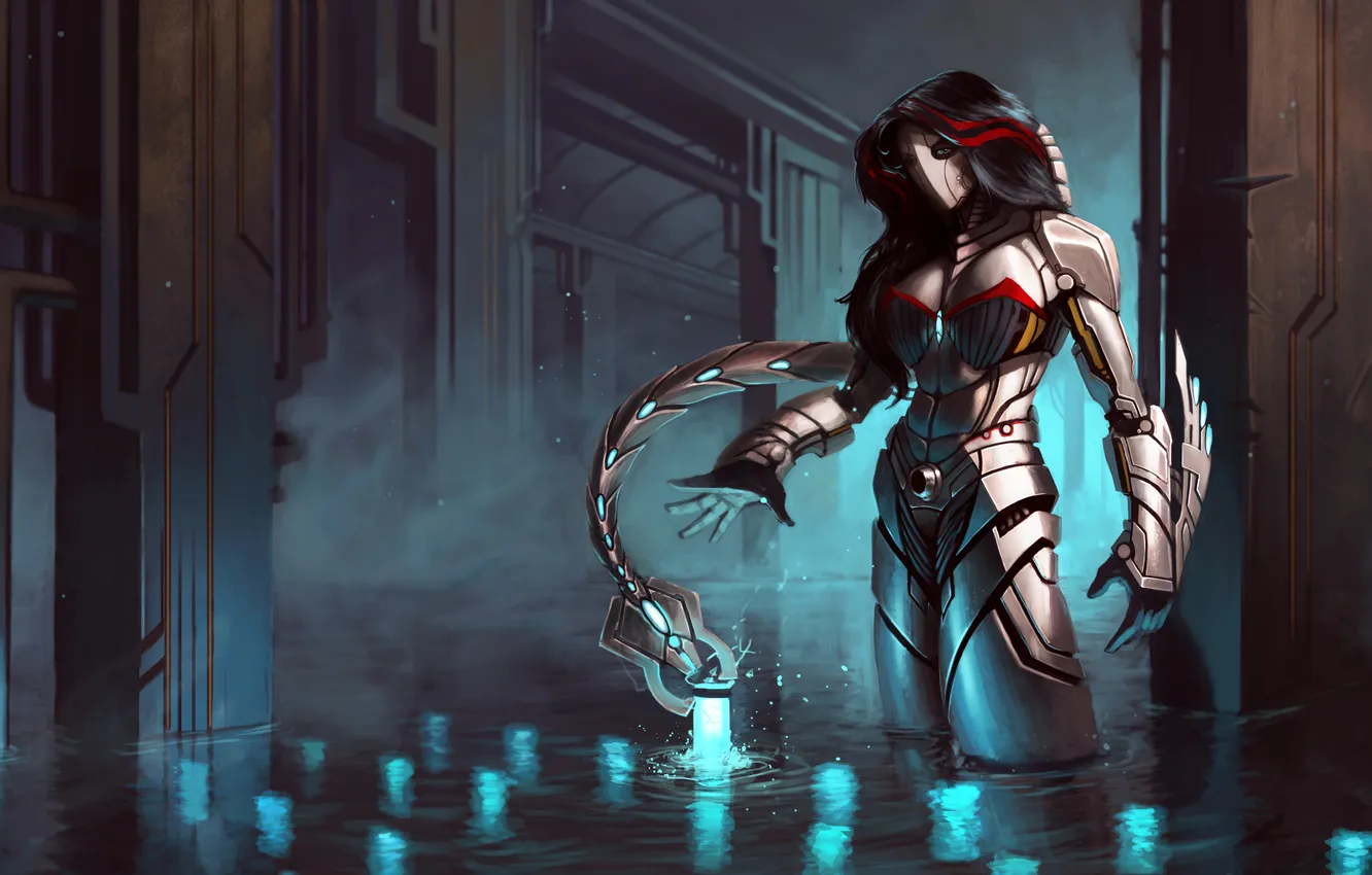 Photo wallpaper water, girl, metal, lights, robot, art, tail