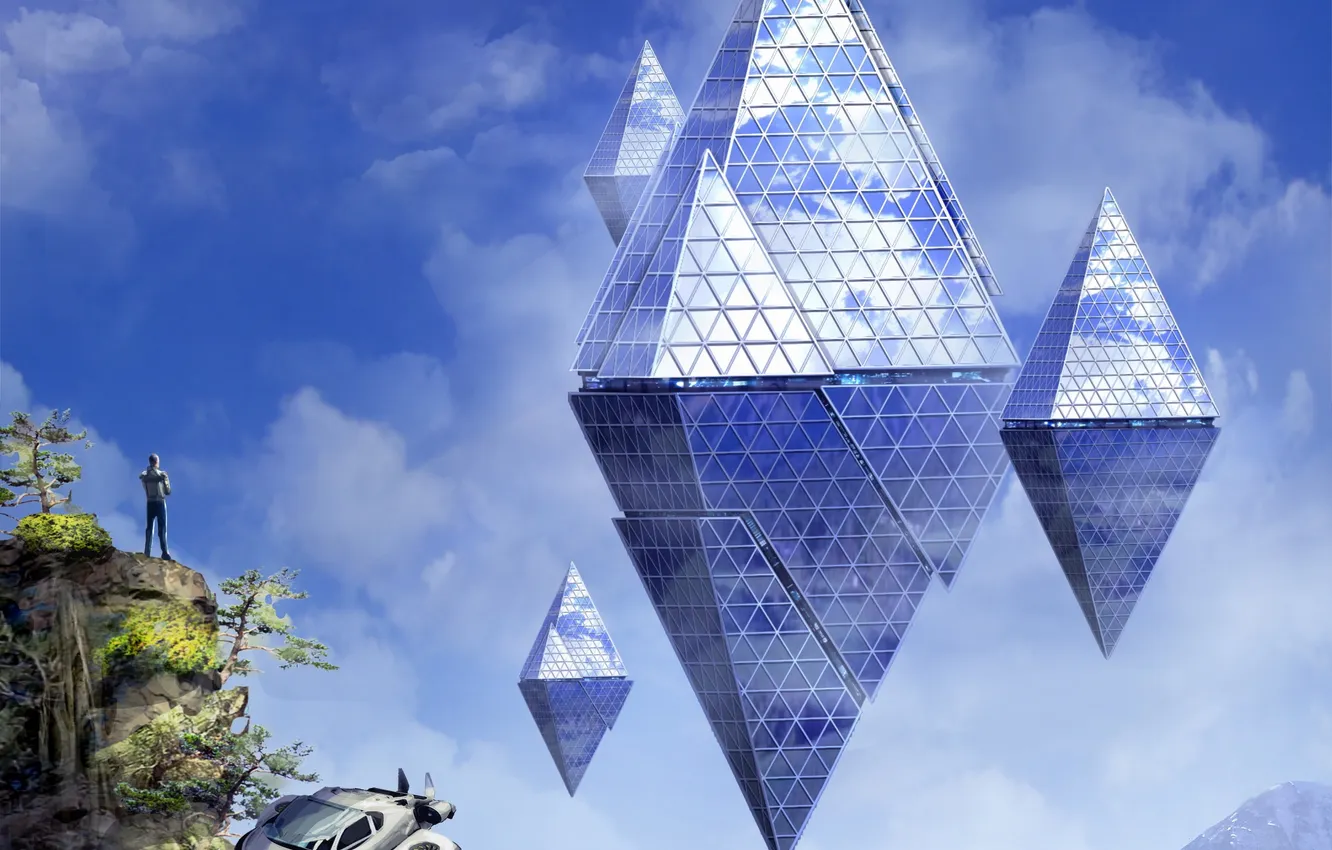 Photo wallpaper the sky, clouds, the city, open, rocks, transport, people, construction