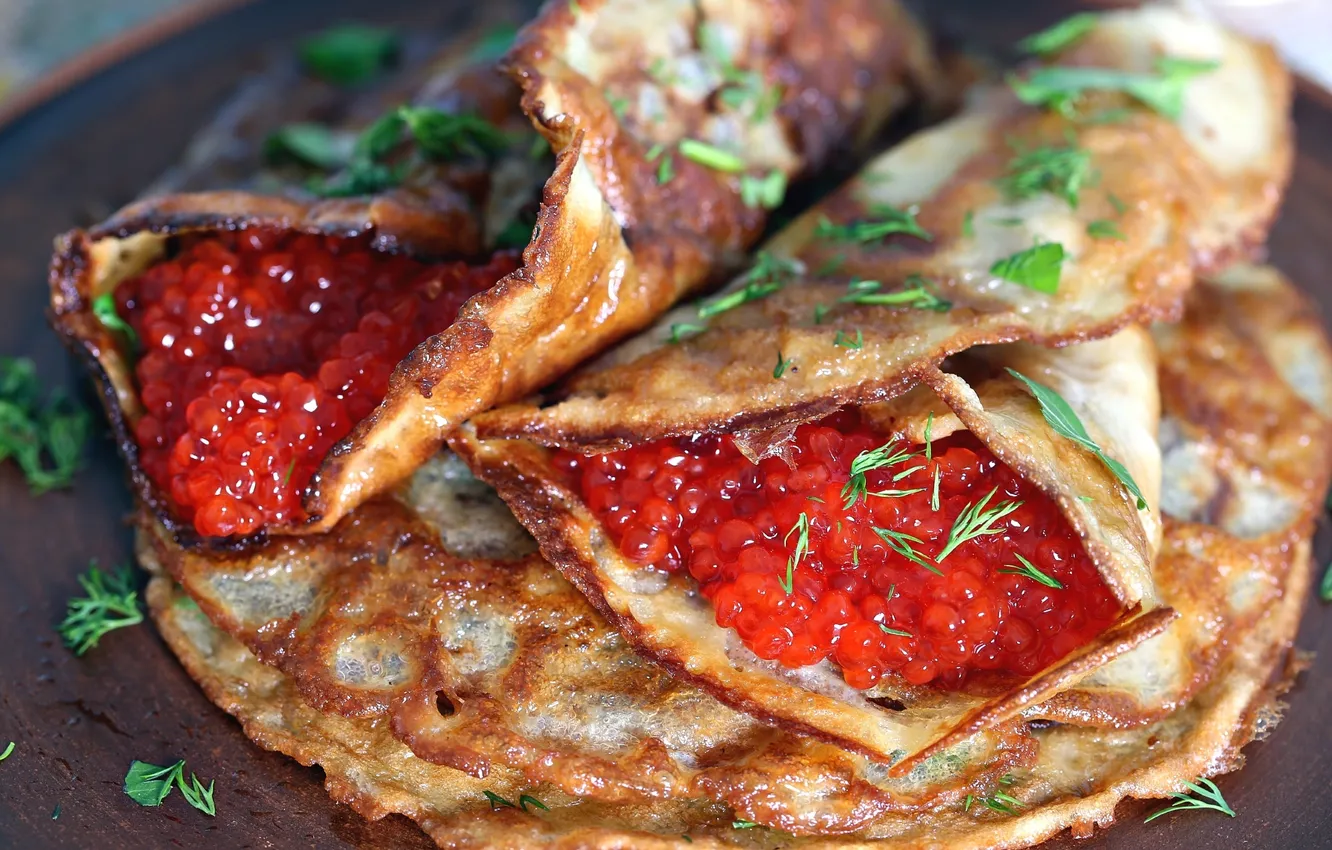Photo wallpaper greens, pancakes, caviar