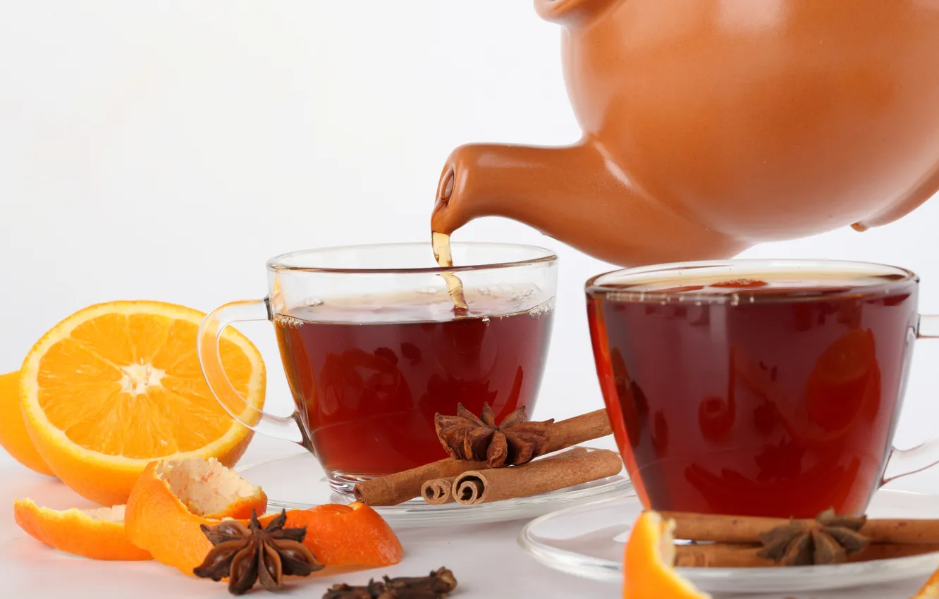 Photo wallpaper tea, orange, sticks, kettle, Cup, cinnamon, peel, star anise