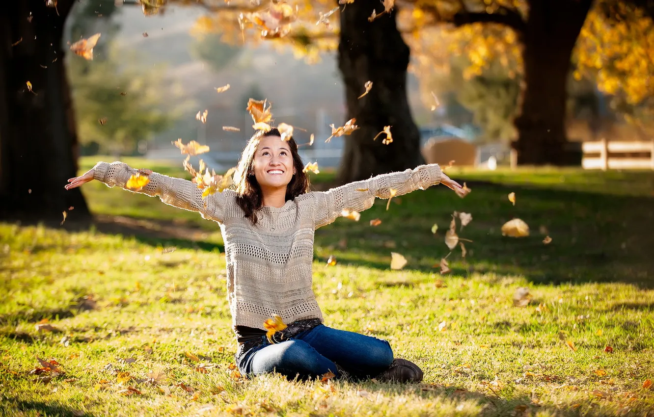 Photo wallpaper leaves, girl, mood