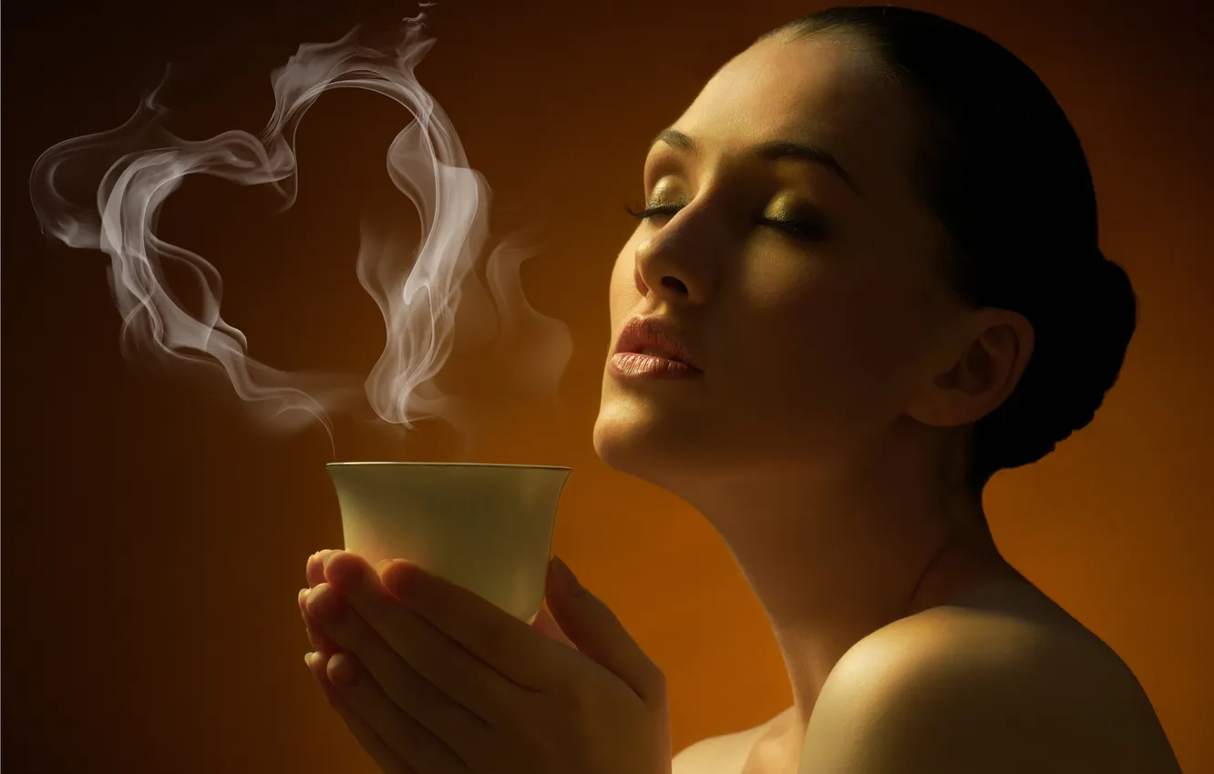 Photo wallpaper girl, coffee, Cup, hairstyle, shoulders, smoke, hot