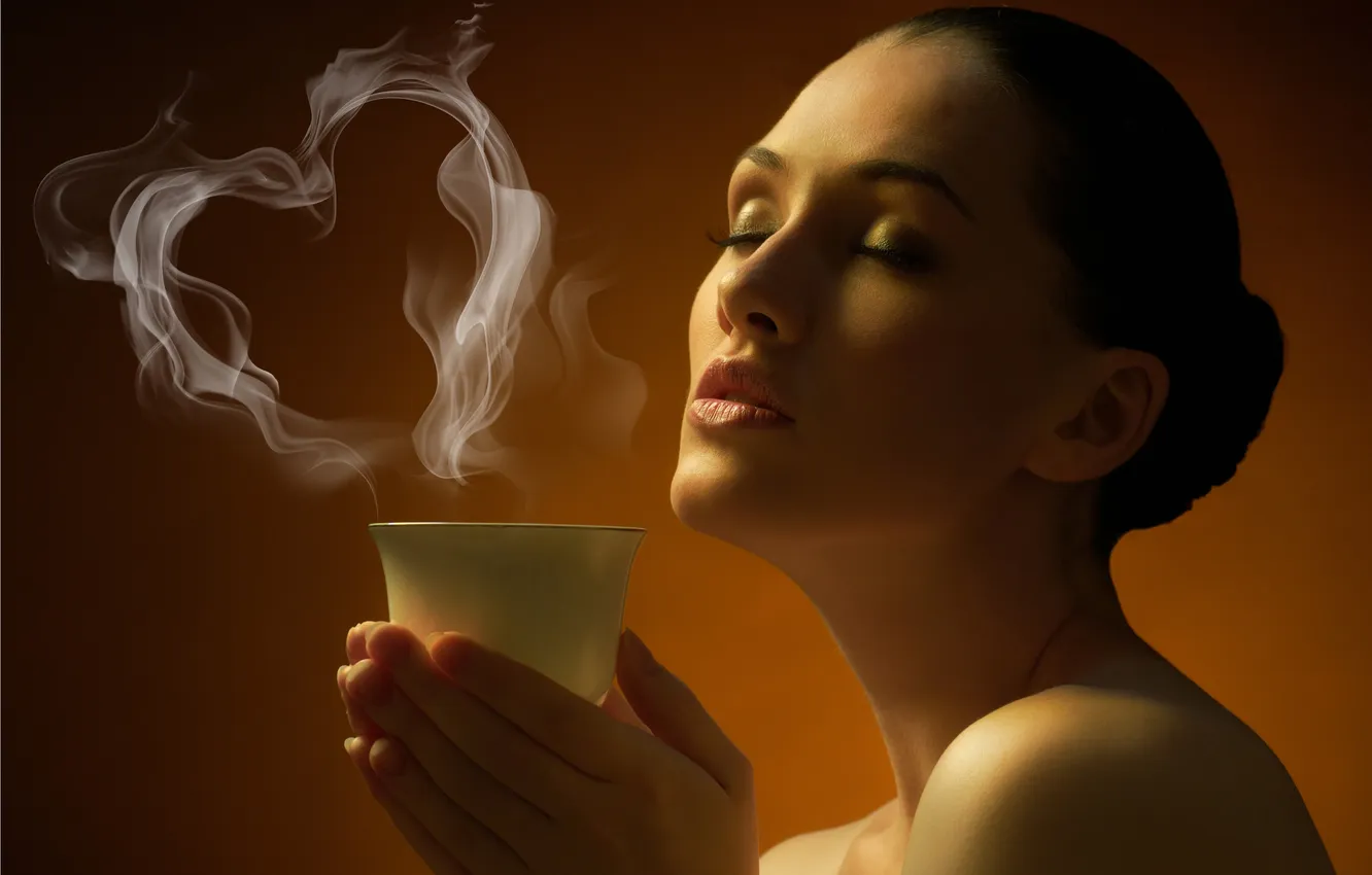 Photo wallpaper girl, coffee, hairstyle, Cup, haze, Hot, shoulders