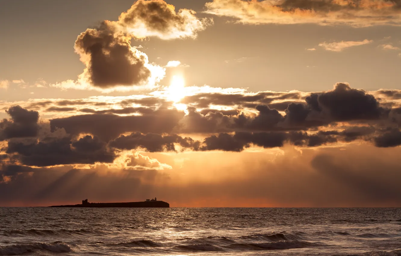 Photo wallpaper sea, the sun, clouds, sunset, island, horizon