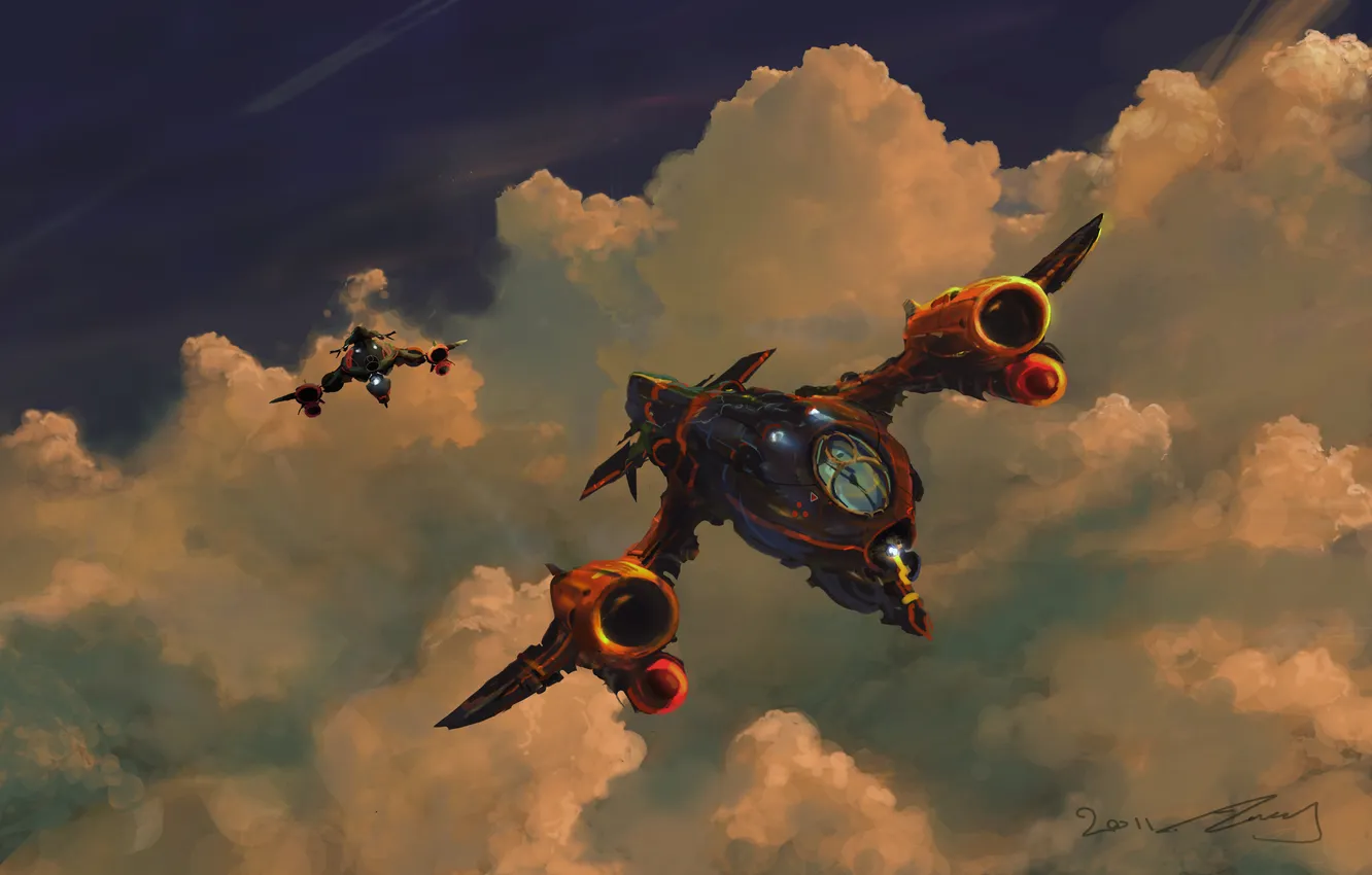 Photo wallpaper the sky, clouds, lights, wings, the plane, motor