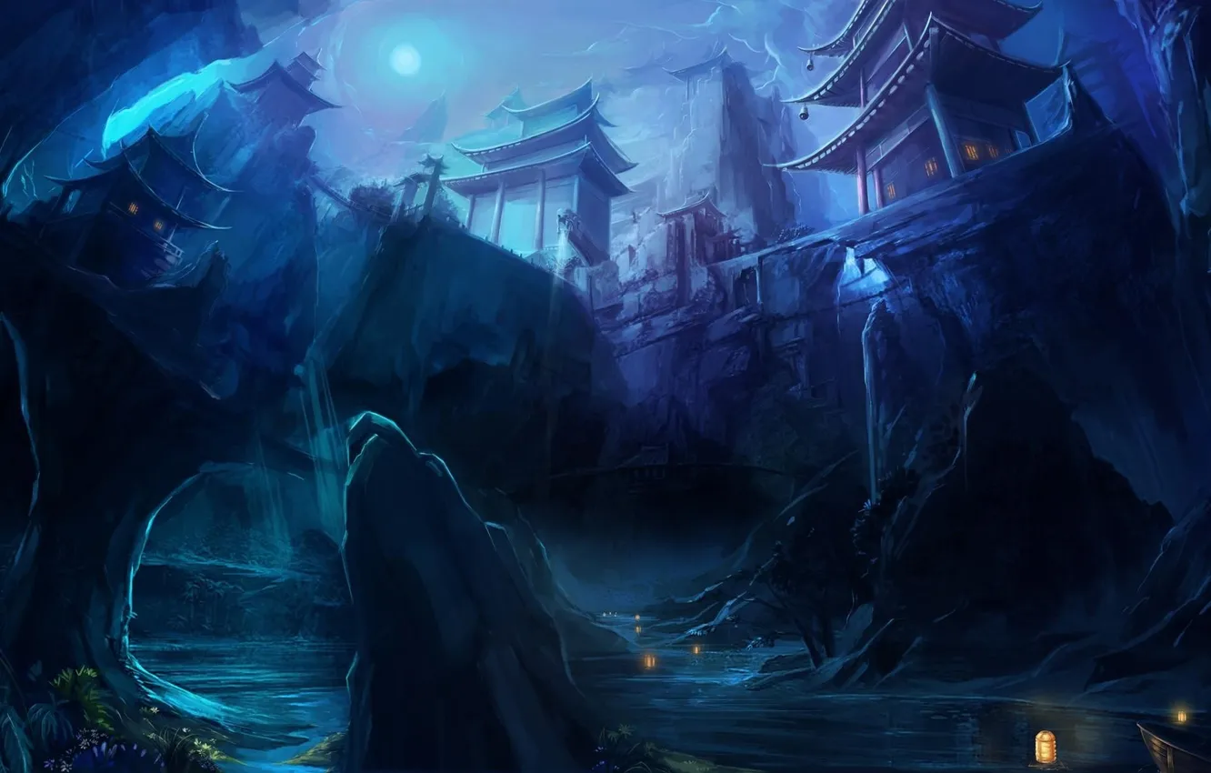 Photo wallpaper night, lights, river, rocks, building