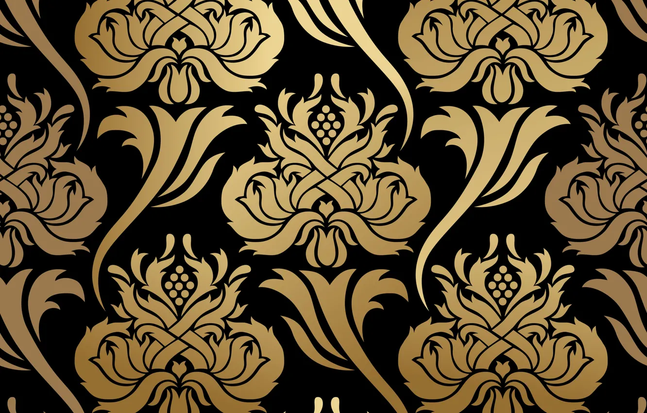 Photo wallpaper flowers, background, pattern, black, gold