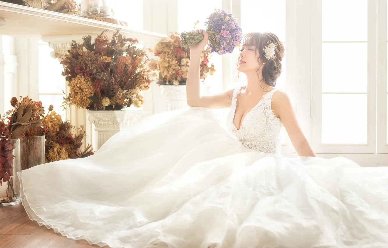 Photo wallpaper flowers, bouquet, dress, the bride, Girl