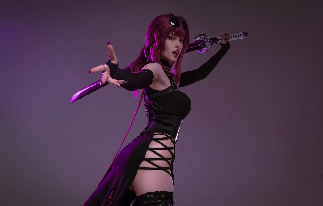 Photo wallpaper girl, sweetheart, model, Glasses, Sword, Wallpaper, Gloves, Shoes