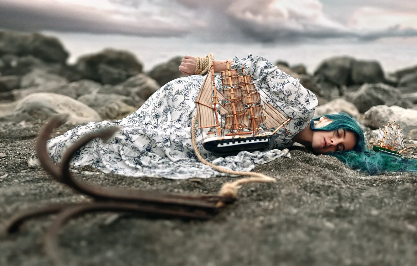 Photo wallpaper girl, sleep, sailboat, ships, Sasha Ivashchenko
