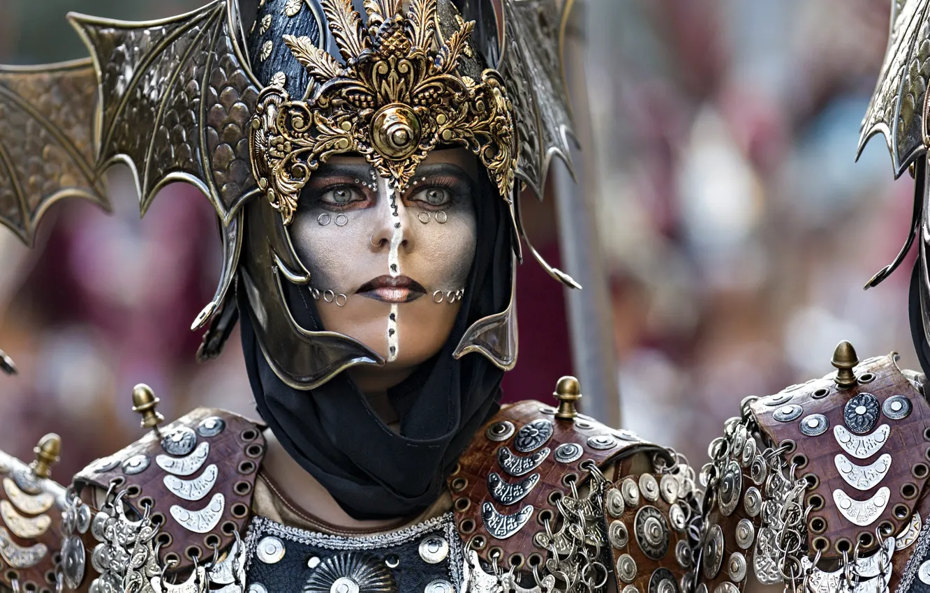 Photo wallpaper look, girl, metal, face, style, portrait, wings, makeup