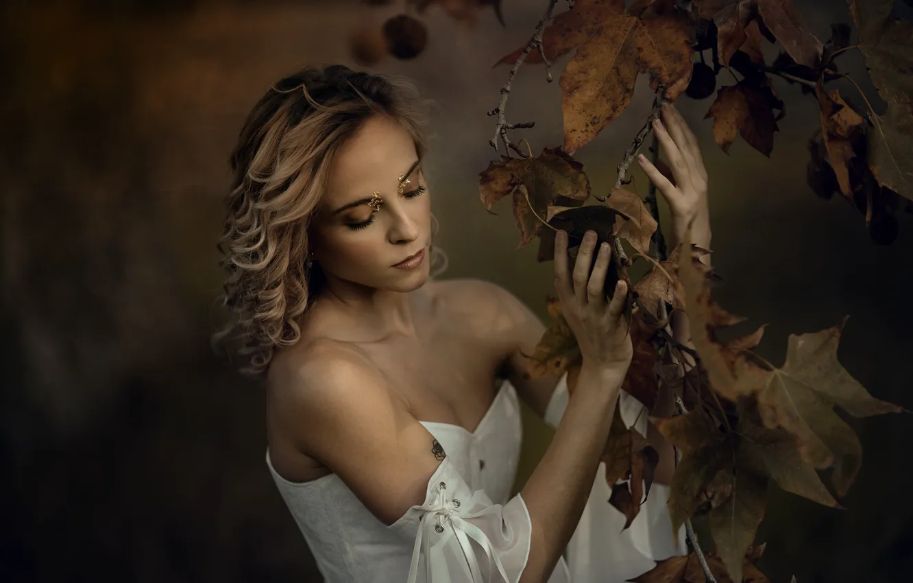 Photo wallpaper autumn, leaves, girl, branches, nature, pose, style, the dark background