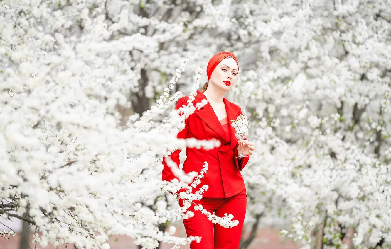 Photo wallpaper girl, woman, spring, garden, in red, flowering