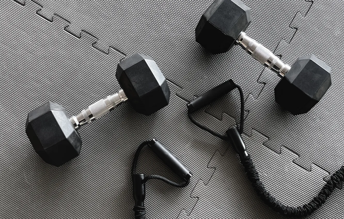 Photo wallpaper gym, dumbbells, padded floor