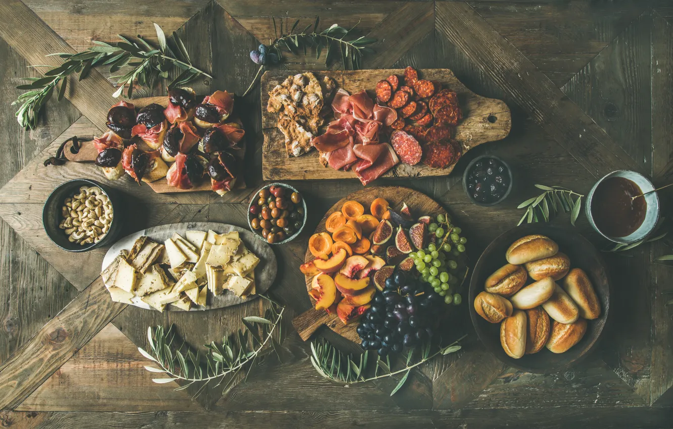 Photo wallpaper Barbecue, fruit, prepared, figs, bread, cheese, fruit, buns