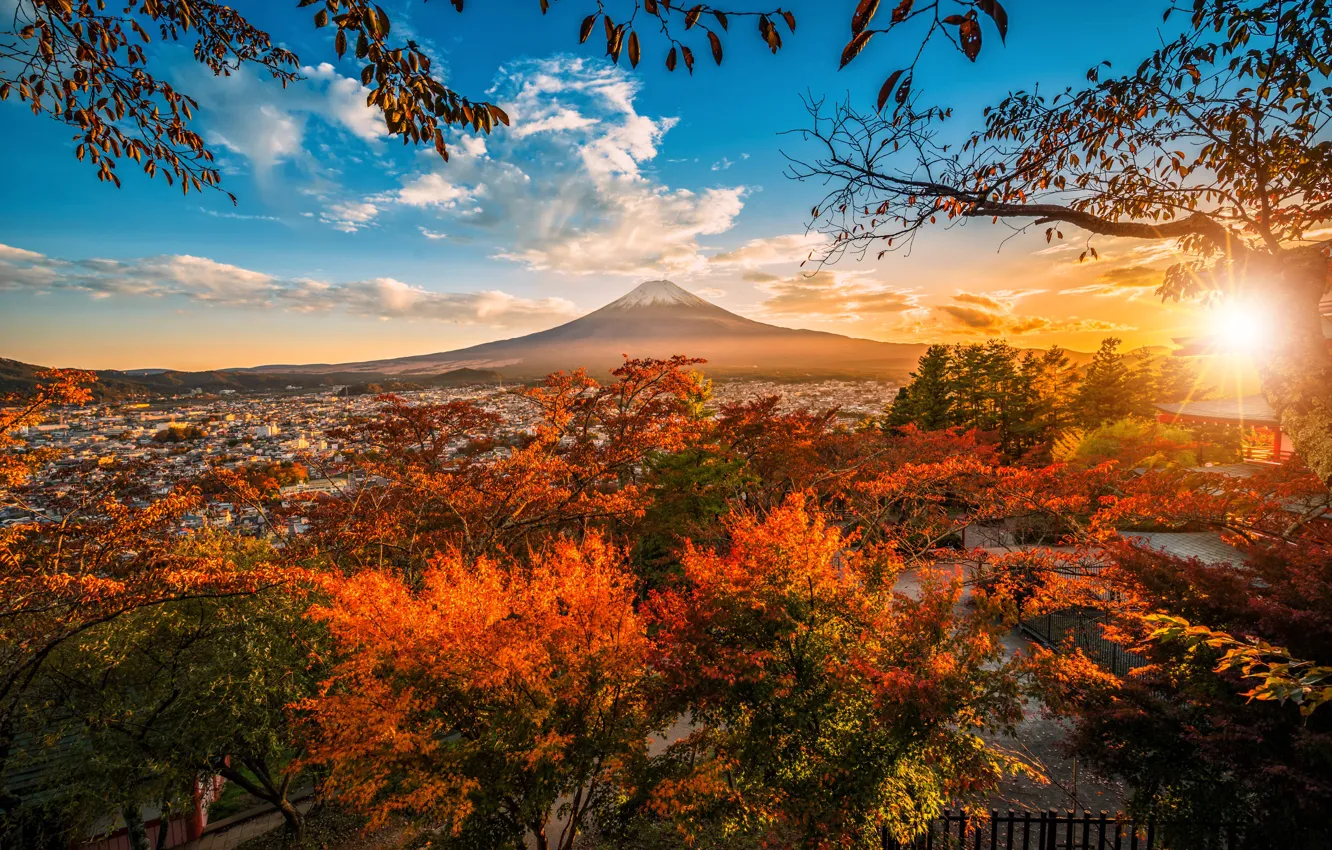 Photo wallpaper autumn, landscape, nature, mountain, Japan, sunset, Fuji