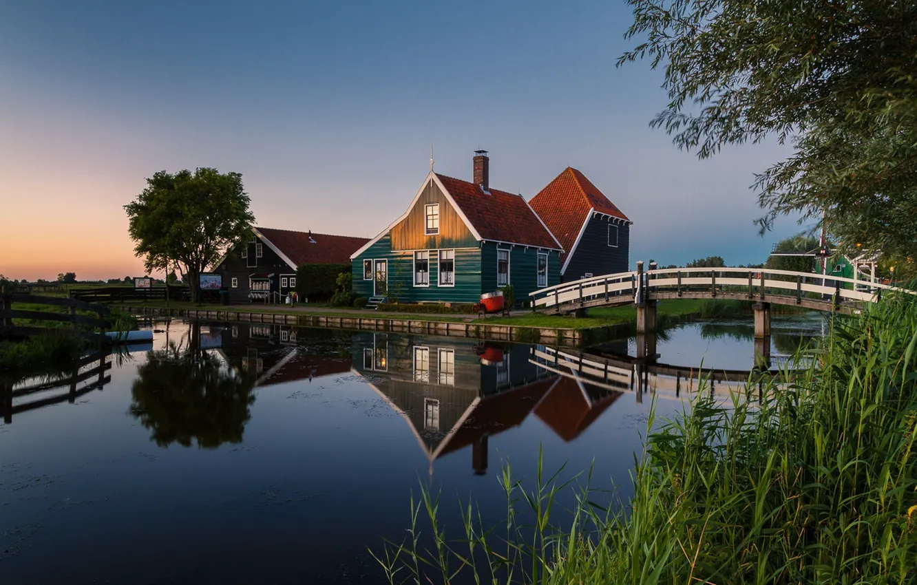 Photo wallpaper bridge, houses, Netherlands, Holland, North Holland, Zaanse Schans, Zaanstad, water channel