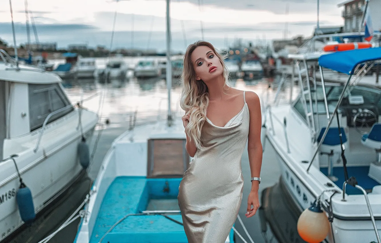 Photo wallpaper girl, pose, yachts, figure, dress, blonde, boats, Gregory Levin