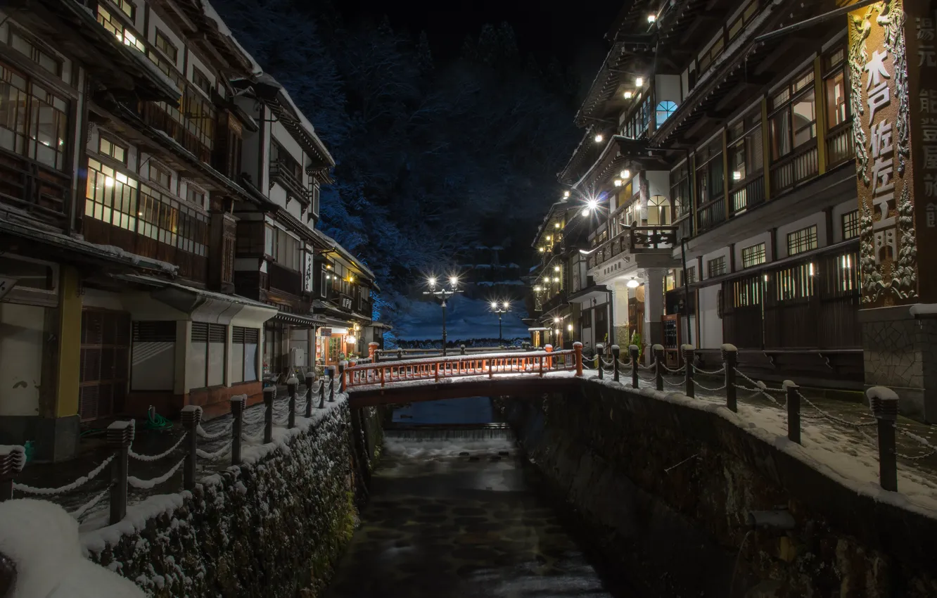 Photo wallpaper winter, snow, night, home, Japan, lighting, lights, the hotel