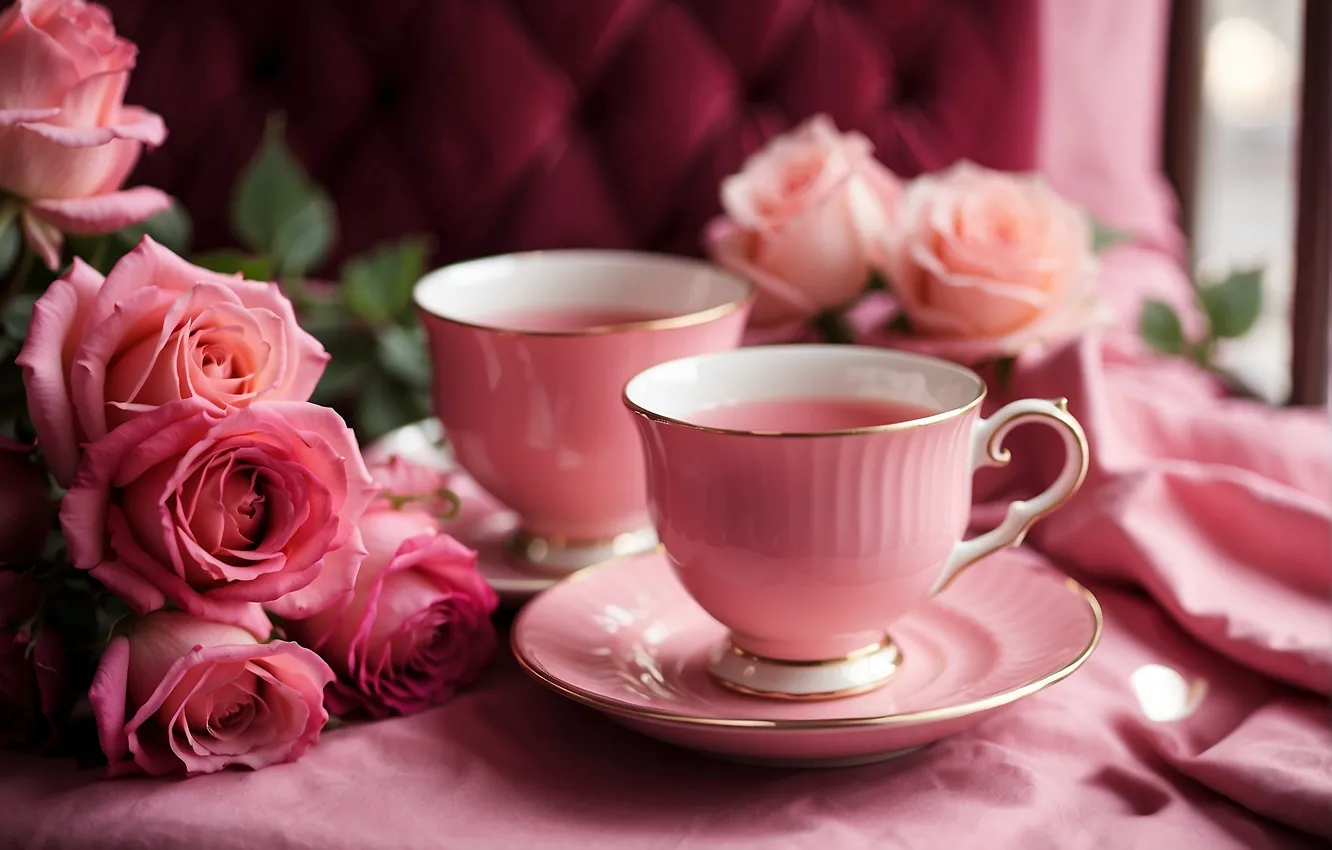 Photo wallpaper flowers, tea, roses, bouquet, Cup, AI art, neural network