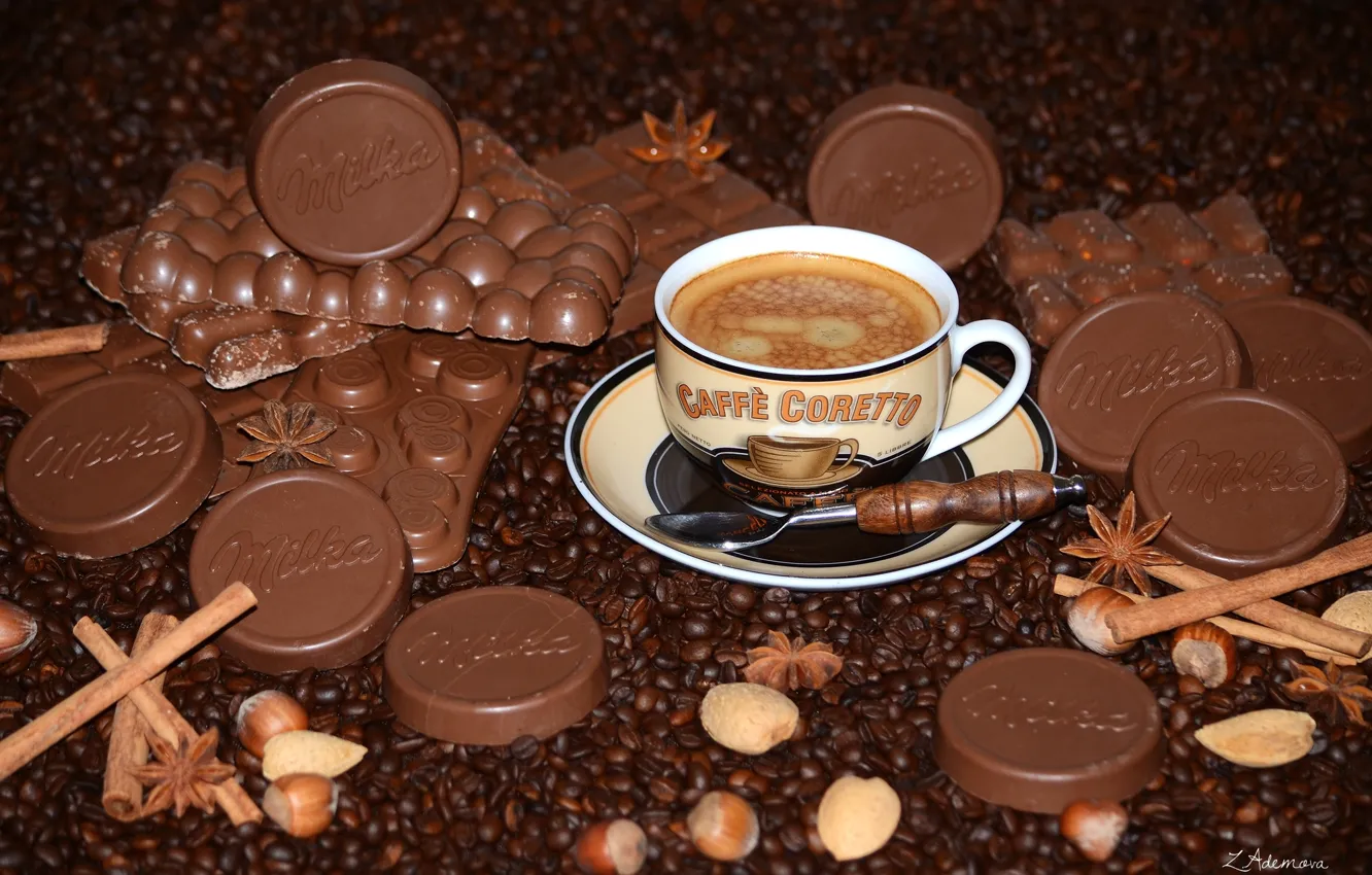 Photo wallpaper coffee, chocolate, nuts, cinnamon, coffee beans, star anise
