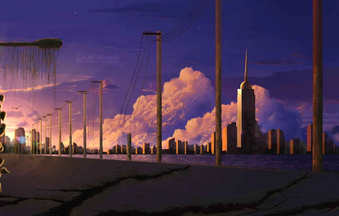 Photo wallpaper cracked, dawn, posts, tower, skyscrapers, art, daroga, deserted city