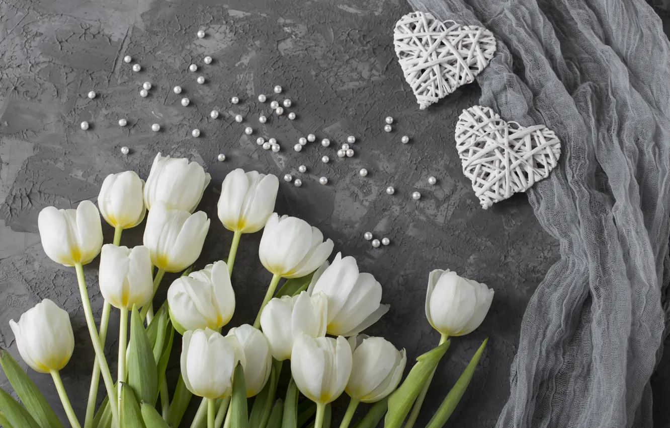 Photo wallpaper love, flowers, bouquet, hearts, tulips, love, white, white