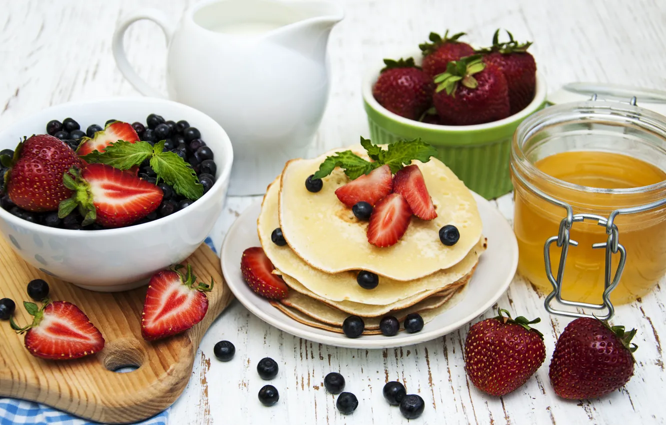 Photo wallpaper berries, milk, strawberry, honey, pancakes, Olena Rudo