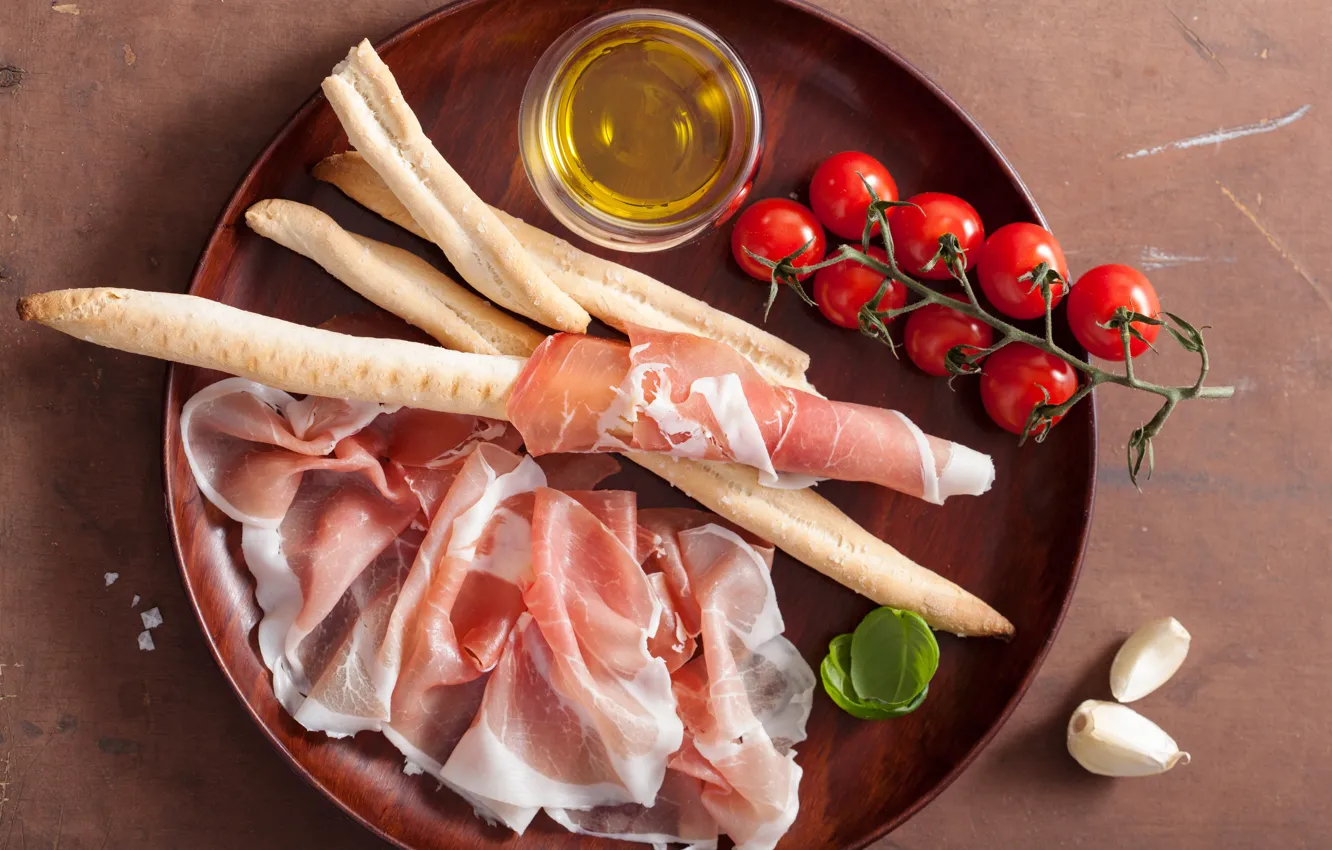 Photo wallpaper photo, food, bread, tomatoes, garlic, ham, products, meat