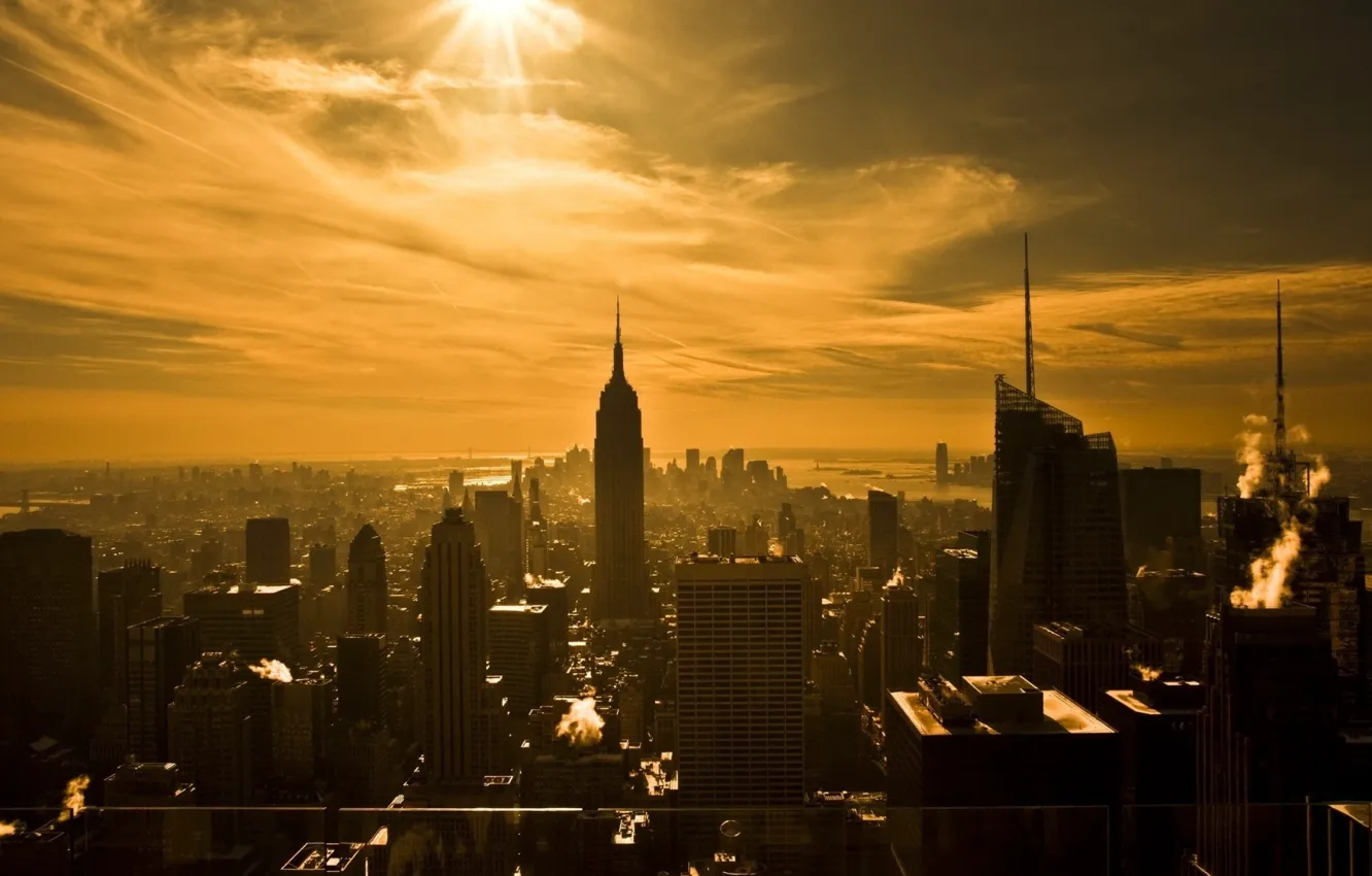 Photo wallpaper the sun, the city, bright, New York, from the height of bird flight